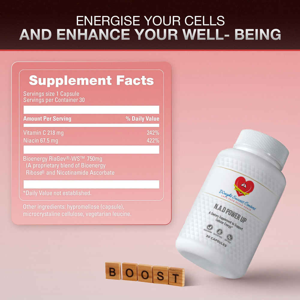 Weight Success Centers NAD+ Power Up glass with pills communicates convenient daily use
