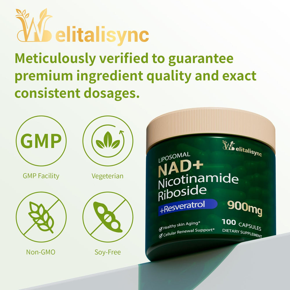 Welitalisync Premium NAD+ packaging on shelf highlighting vegan, non-GMO.