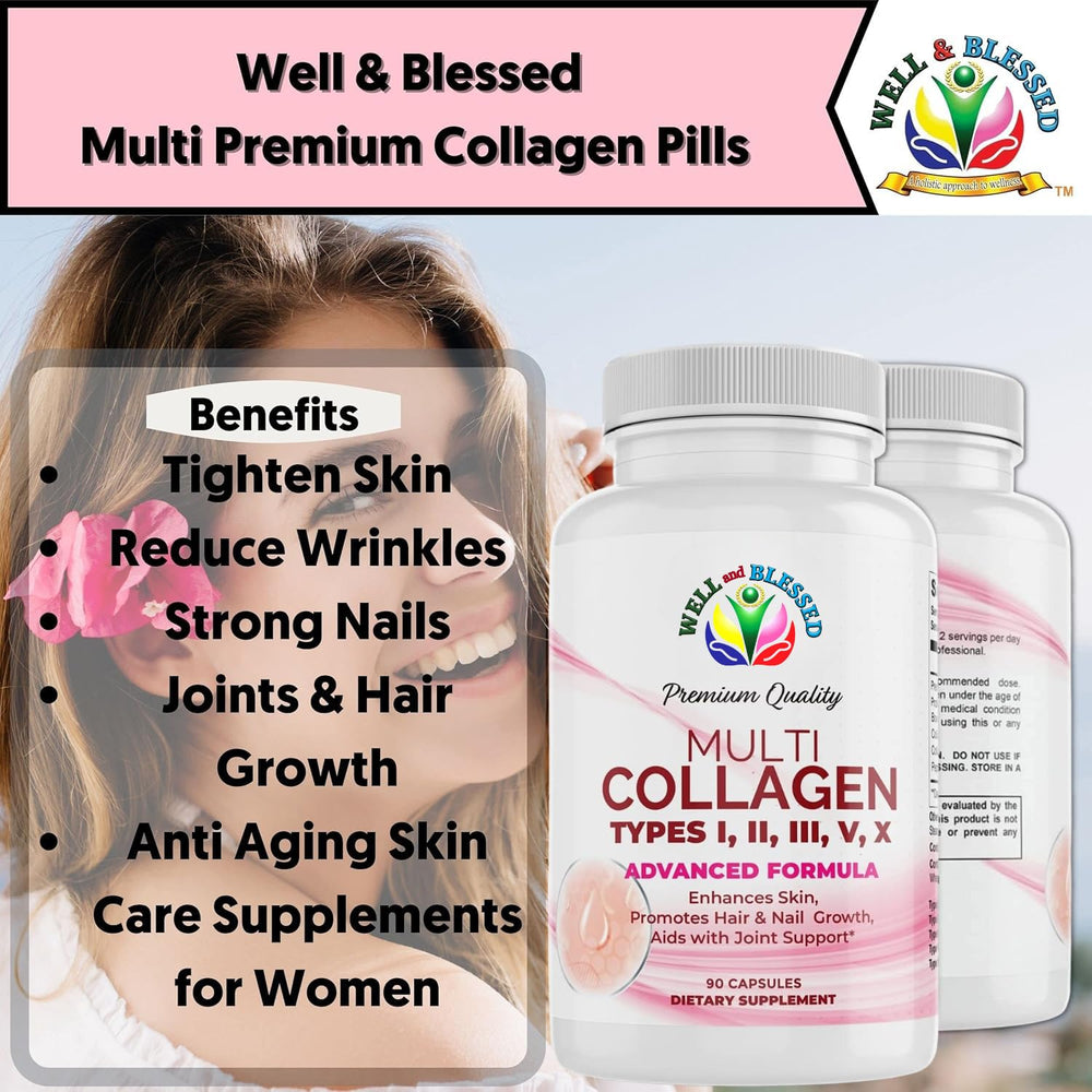 Well and Blessed collagen capsules closeup highlights convenient daily capsules for skin and joints.