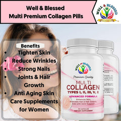Well and Blessed collagen capsules closeup highlights convenient daily capsules for skin and joints.