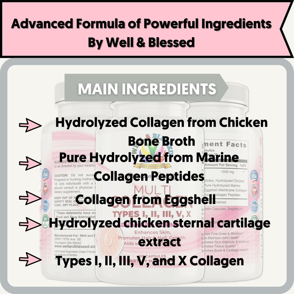 Well and Blessed label emphasizes five collagen types for comprehensive support.