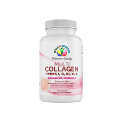 Well and Blessed multi collagen bottle showing a complete skin, hair, and nails support blend.