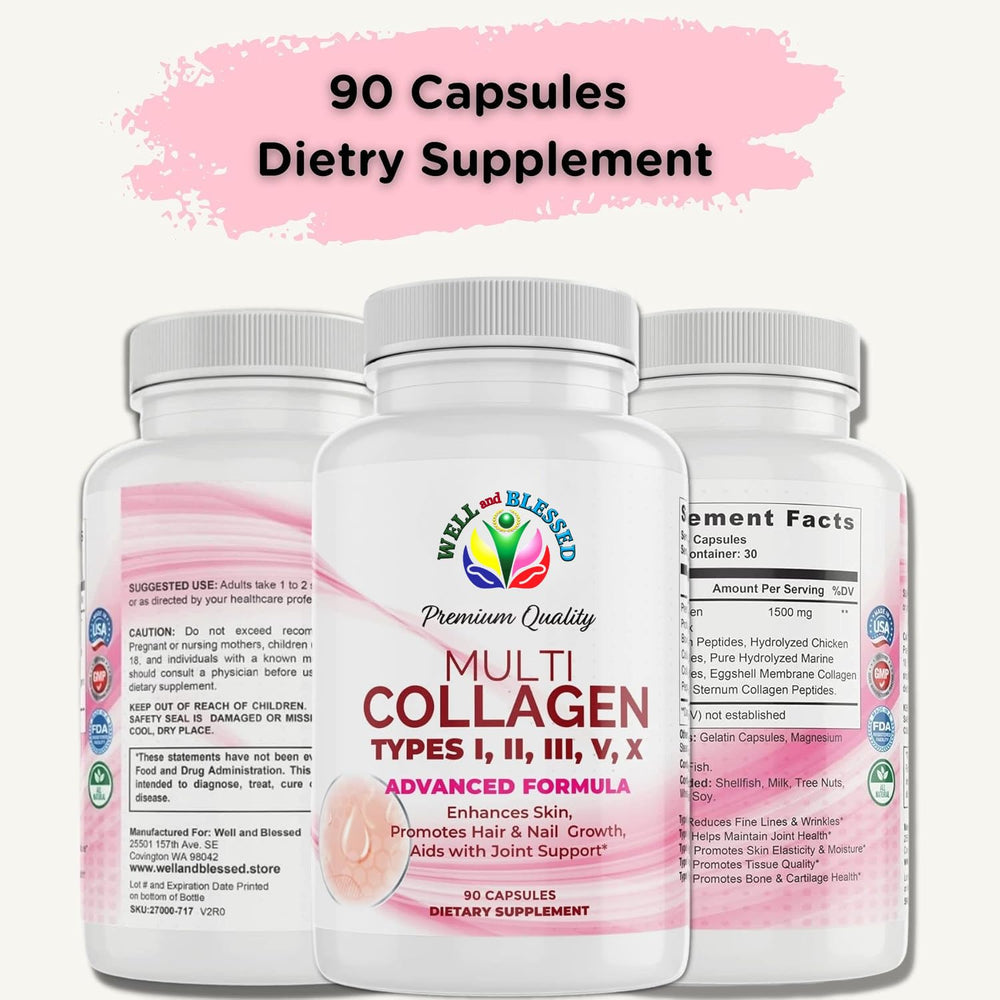 Well and Blessed multi collagen capsules closeup ideal for daily skin, hair, and nails support.