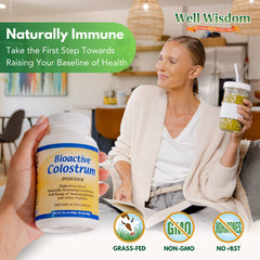 Well Wisdom Bioactive Colostrum pour shot showing easy mixing into beverages.