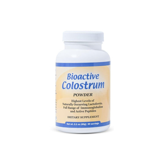 Well Wisdom Bioactive Colostrum powder jar close-up highlighting immune support and smoothie versatility.