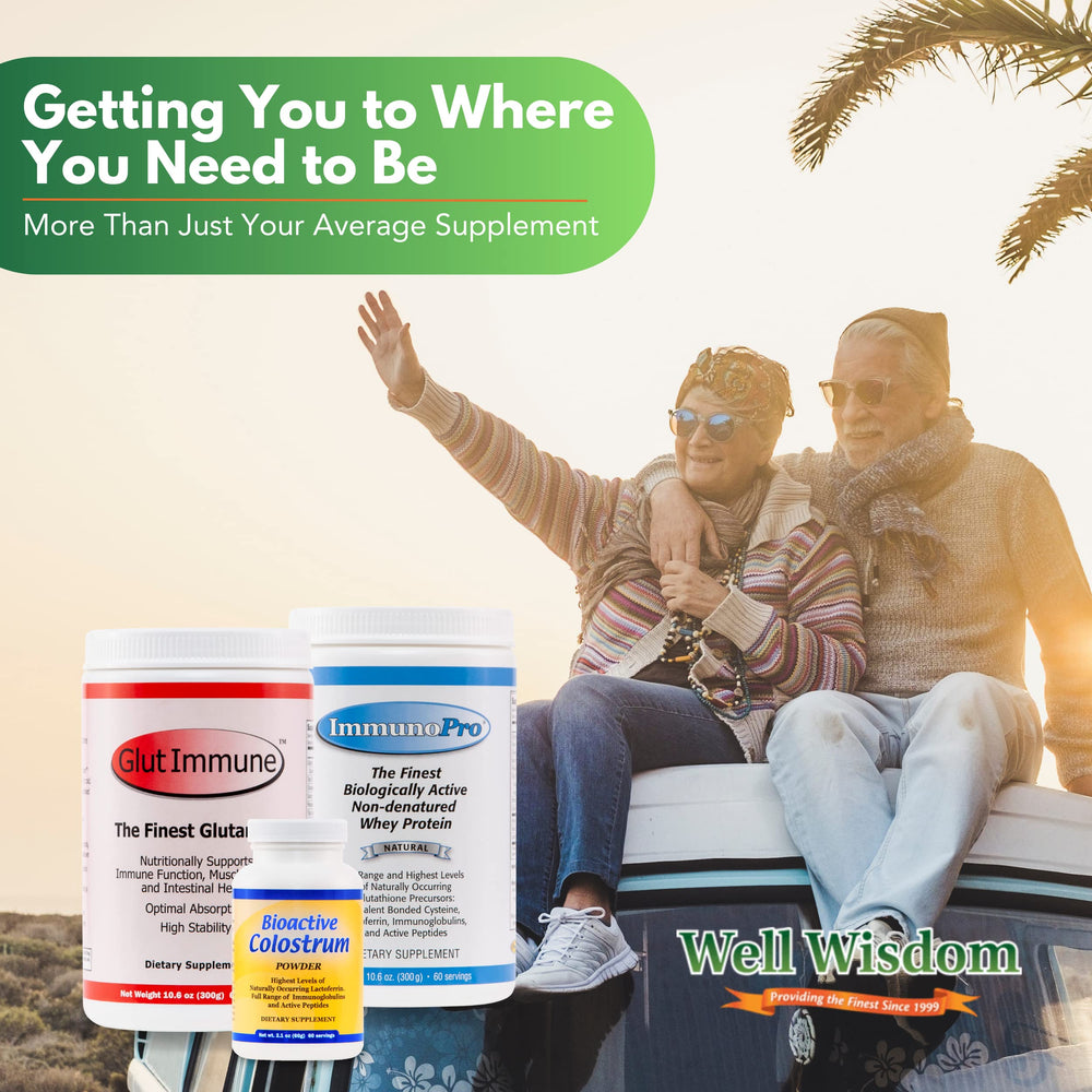 Well Wisdom Colostrum powder container on a counter with clear labeling.