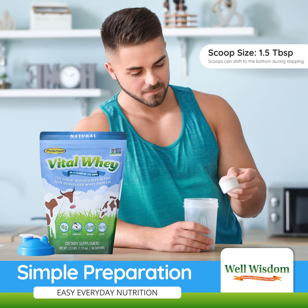 Well Wisdom Vital Whey bottle assembly focusing on 30 servings and 15 g protein per serving