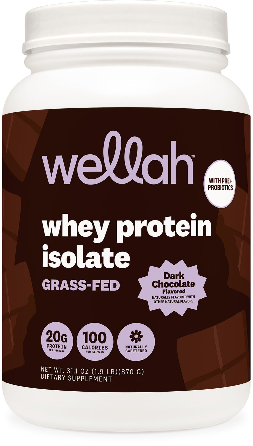 Wellah Grass-Fed Whey front canister showcasing premium protein for daily use.