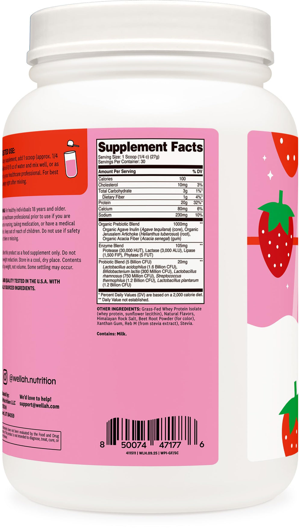 Wellah whey label showing NSF GMP FDA compliance for quality.