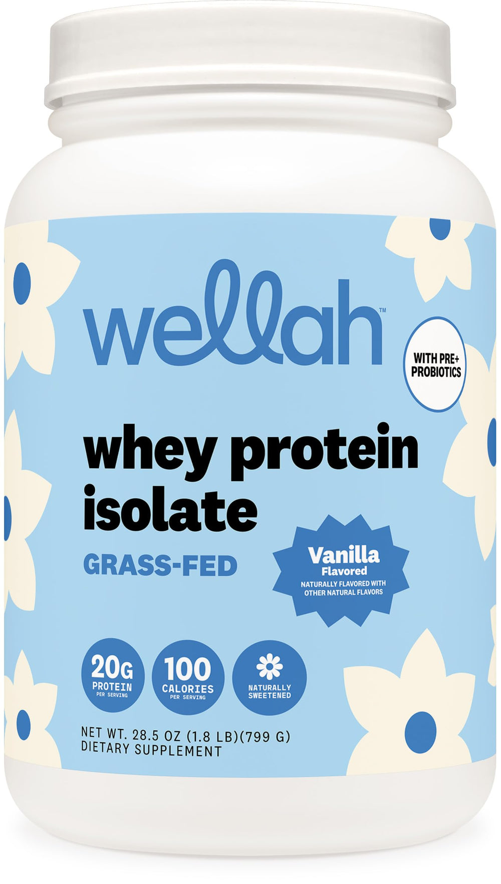 Wellah Grass-Fed Whey Protein Isolate Vanilla scoop beside glass of shake for daily protein