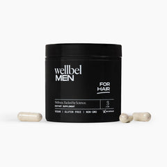 WELLBEL Men bottle-front showing vegan clean supplement for daily use in hair health.