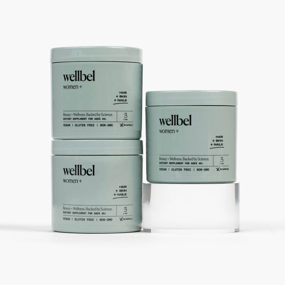 Wellbel Women+ bottle and capsules for hair, skin, and nails support.