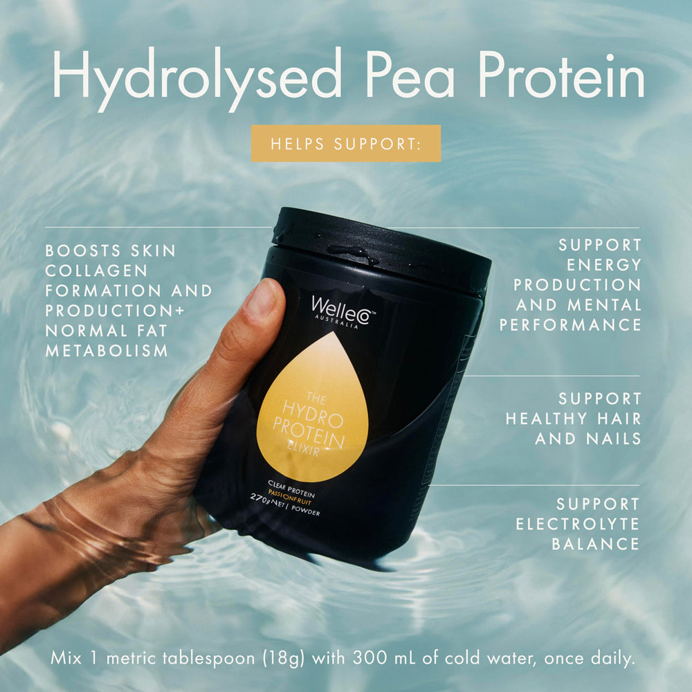WelleCo HydroProtein Elixir bottle label close-up emphasizing vitamins and minerals.