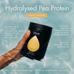 WelleCo HydroProtein Elixir bottle label close-up emphasizing vitamins and minerals.