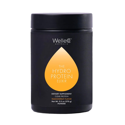 WelleCo HydroProtein Elixir jar front view highlighting vegan protein and hydration benefits.