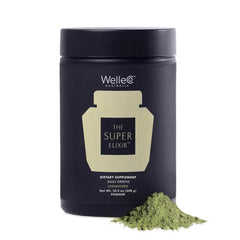 WelleCo The Super Elixir jar showing a 40+ ingredient greens powder for daily wellness.