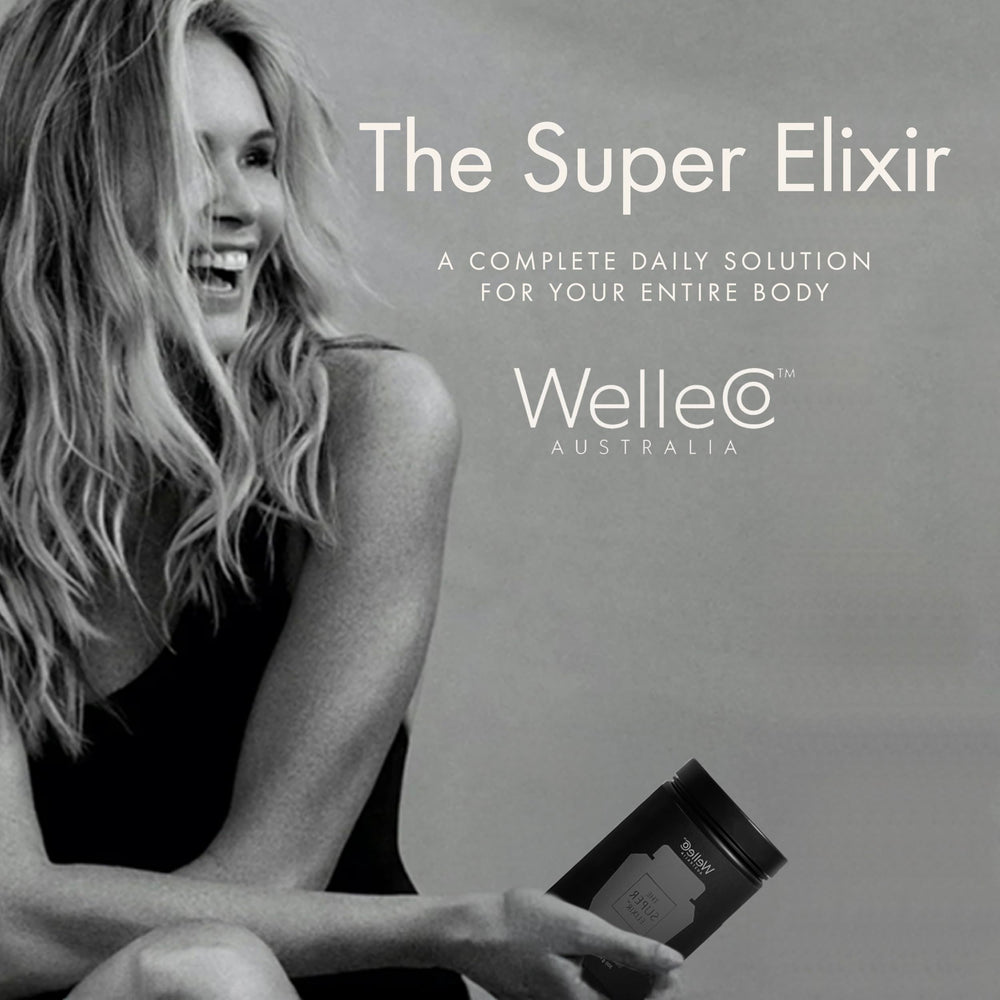 Glass and bottle pairing with The Super Elixir for a daily routine.
