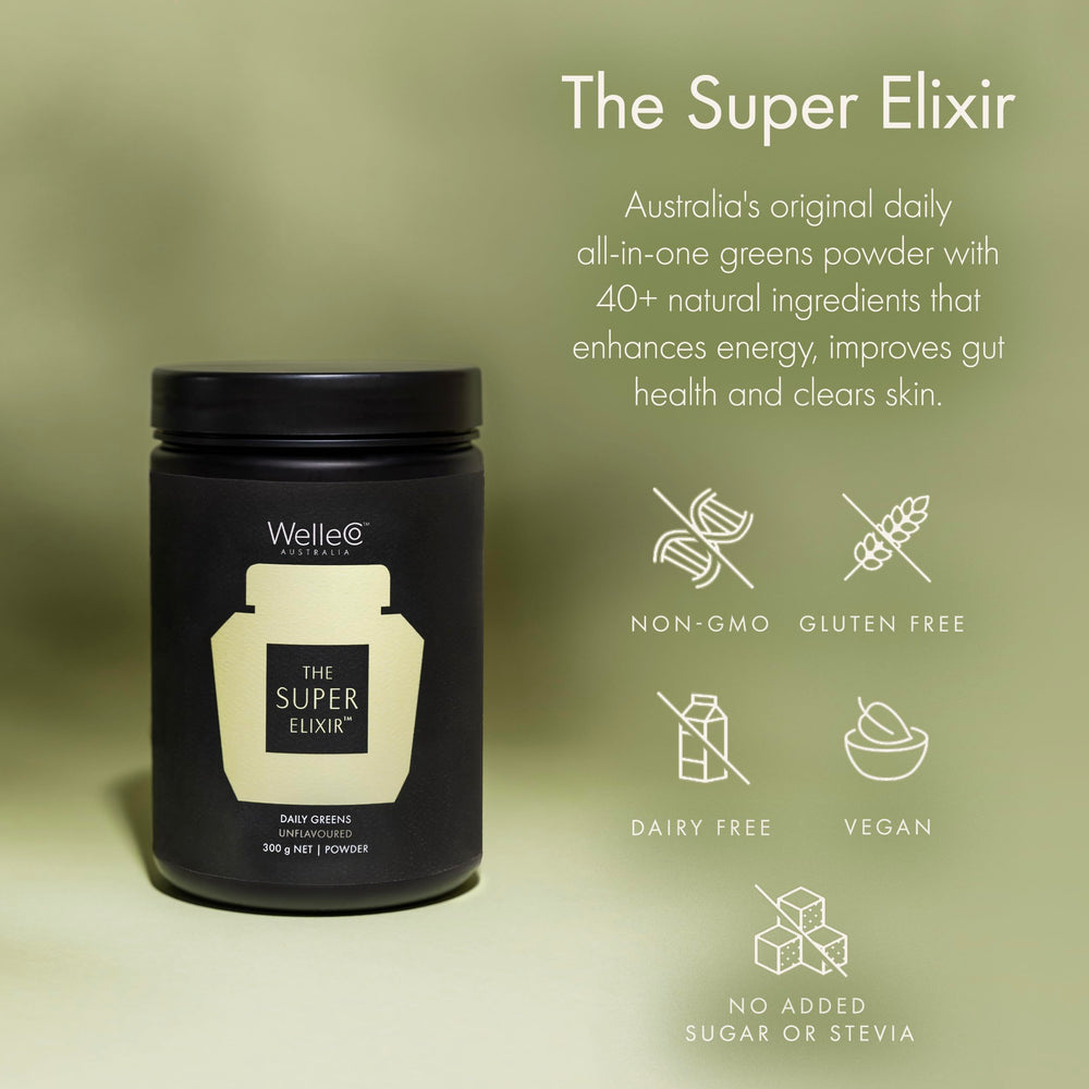 The Super Elixir smoothie blends greens and nutrients for a balanced drink.