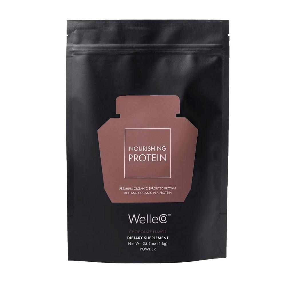 WelleCo chocolate protein powder bottle highlighting 16g protein per serving for energy.