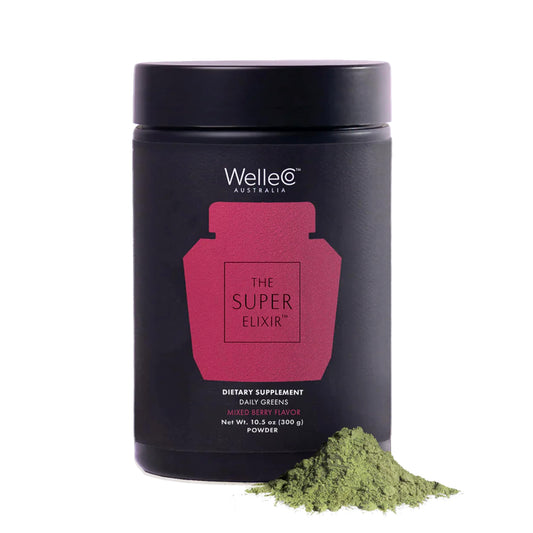 WelleCo The Super Elixir bottle front view for daily energy and gut health support.
