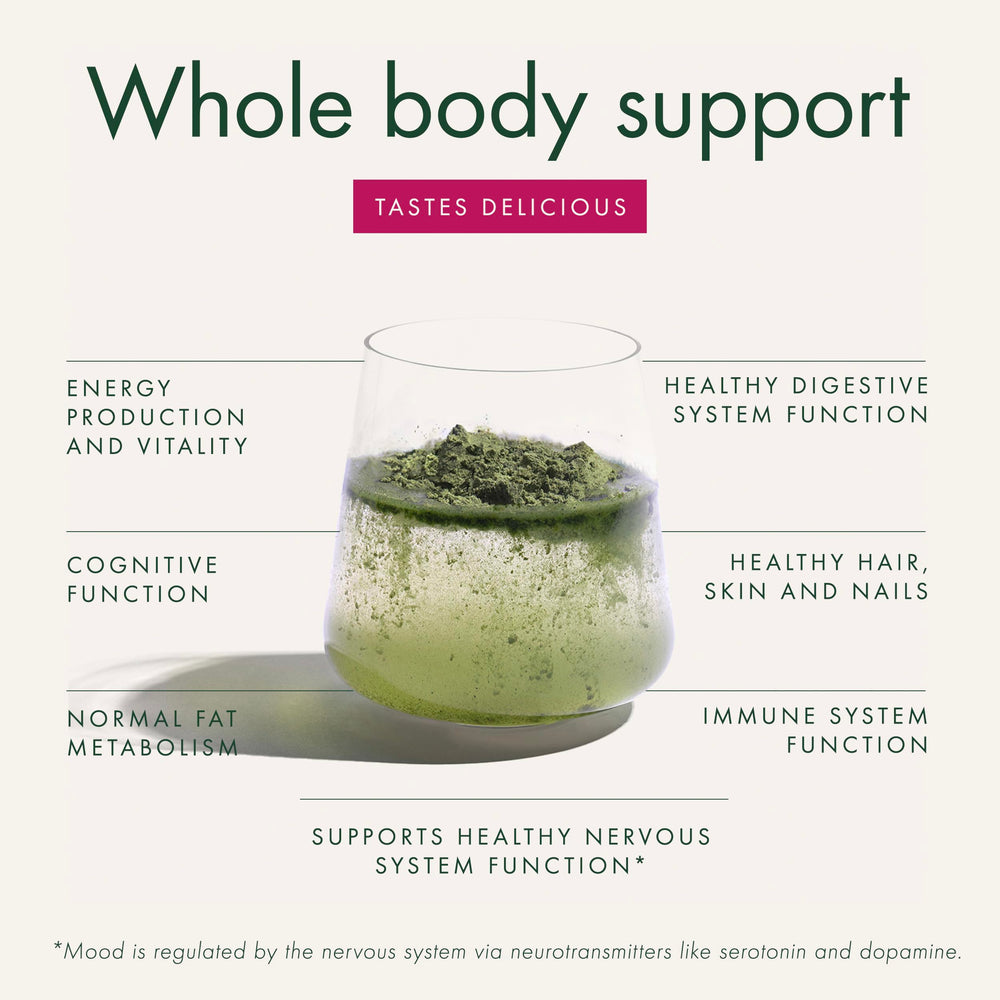 WelleCo The Super Elixir product with glass and spoon in a morning routine.