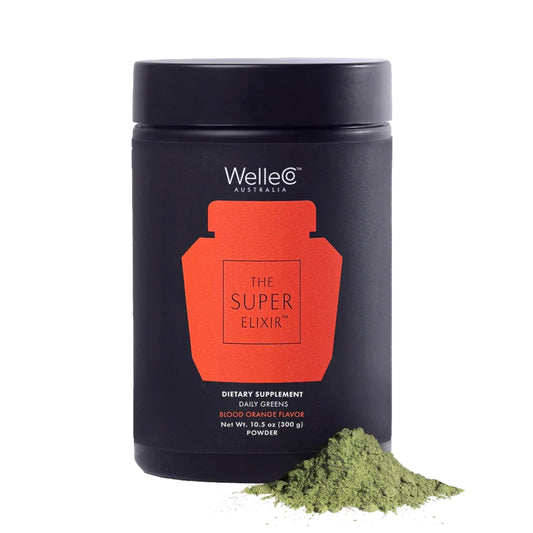 WelleCo The Super Elixir daily greens bottle shows energy support.