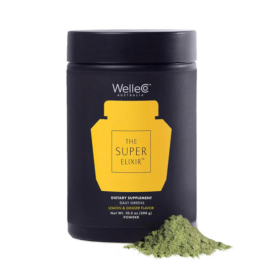 WelleCo Super Elixir lemon-ginger tub image, premium daily greens for energy and immunity.