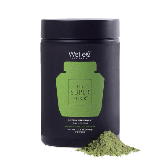 WelleCo Super Elixir Pineapple Lime jar showcases vibrant greens for daily wellness.