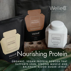 WelleCo vegan protein bag opened with scoop ready to use