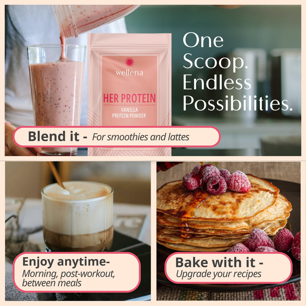 Wellena Her Protein brand packaging displayed for everyday use