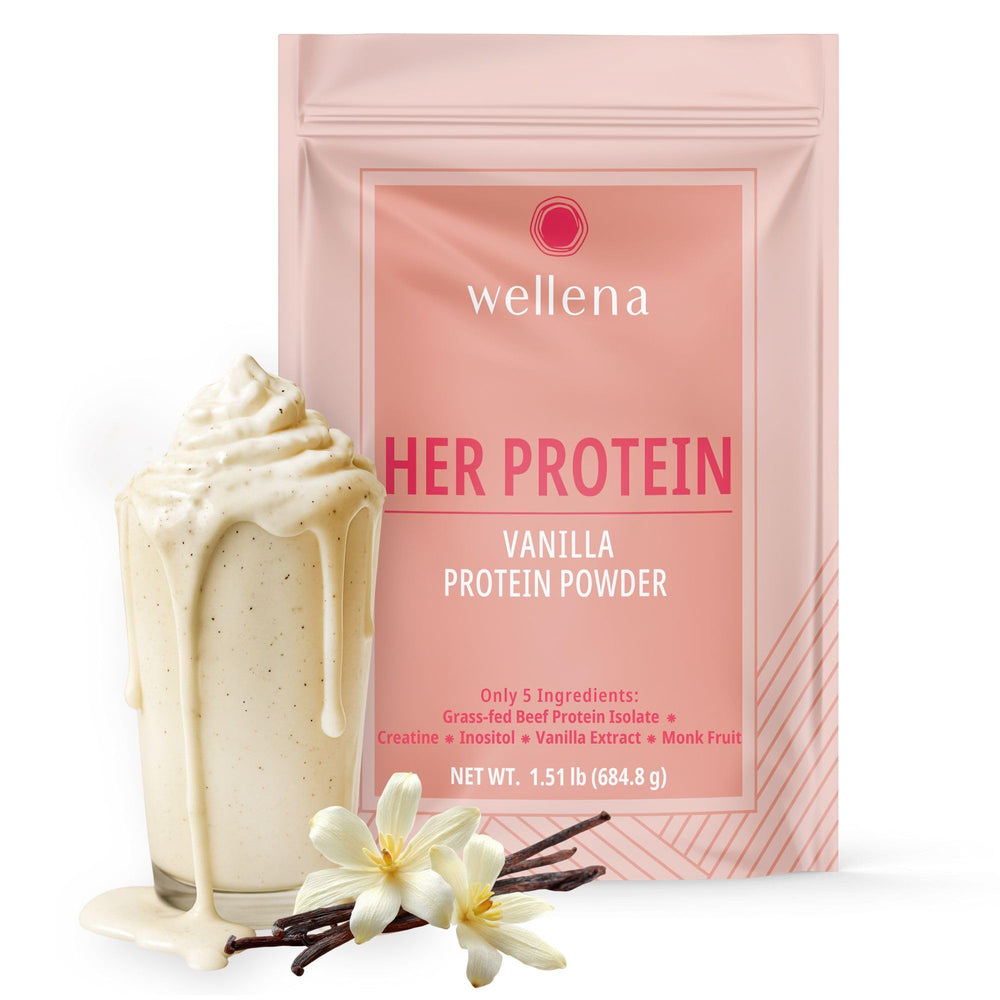 Wellena Her Protein vanilla flavor scoop supports daily strength and energy