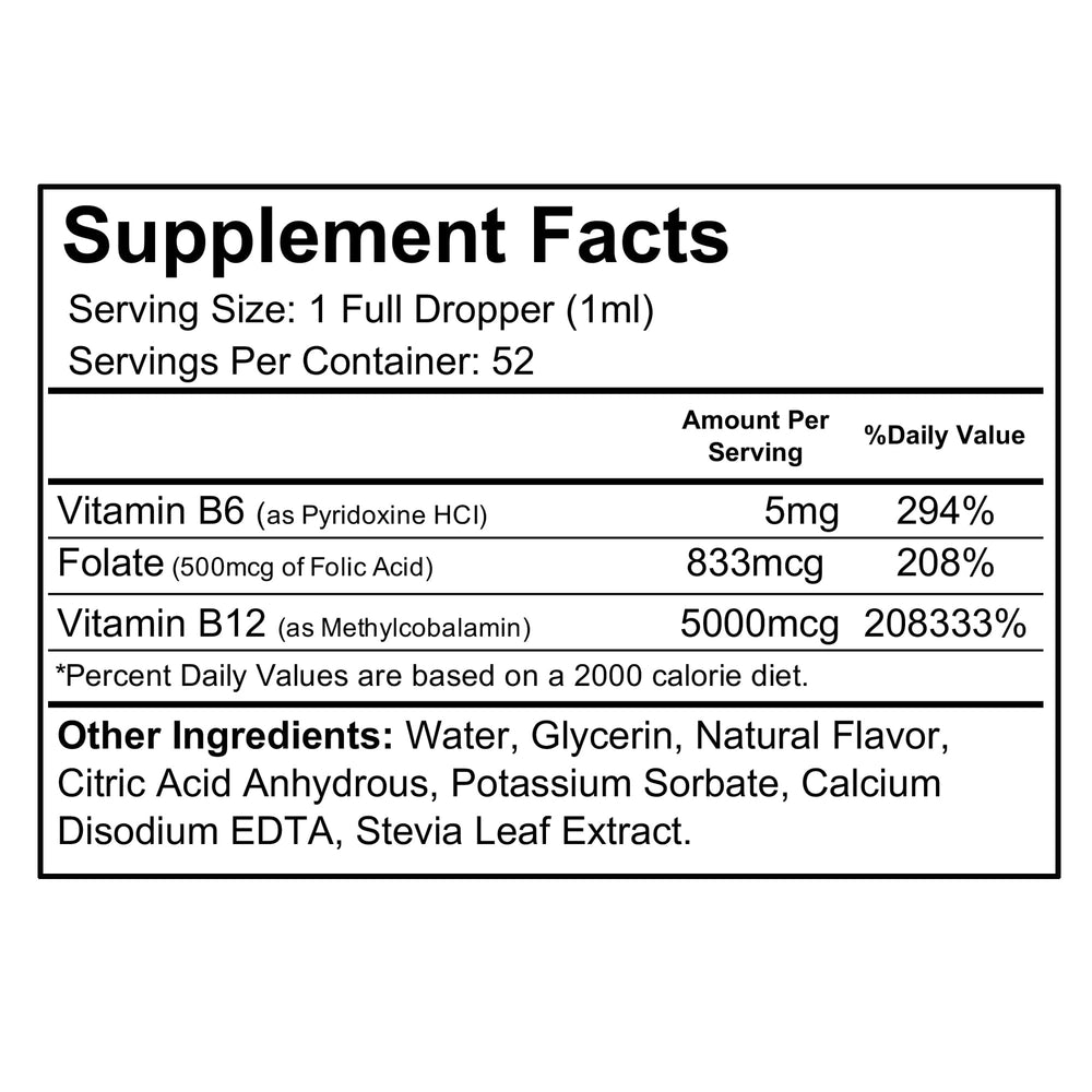 Wellgenix B12 Max liquid ingredient list highlights B6 and folate alongside B12