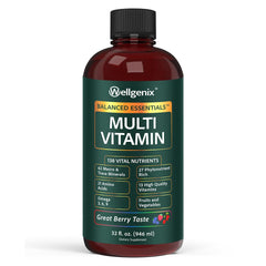 Wellgenix Balanced Essentials bottle front, premium liquid multivitamin for busy mornings.