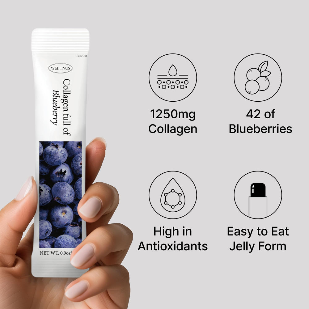 WELLINUS blueberry-pomegranate antioxidant blend enhances daily beauty routine.