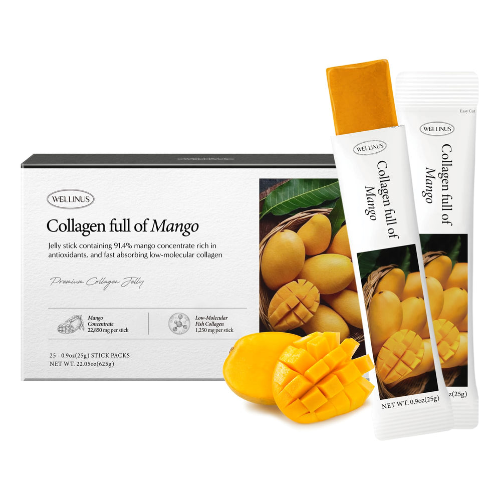 WELLINUS mango collagen jelly packaging highlights on the go convenience and marine peptide benefits.
