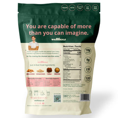 Tub of Wellious Almond Protein Powder Chocolate with lid open