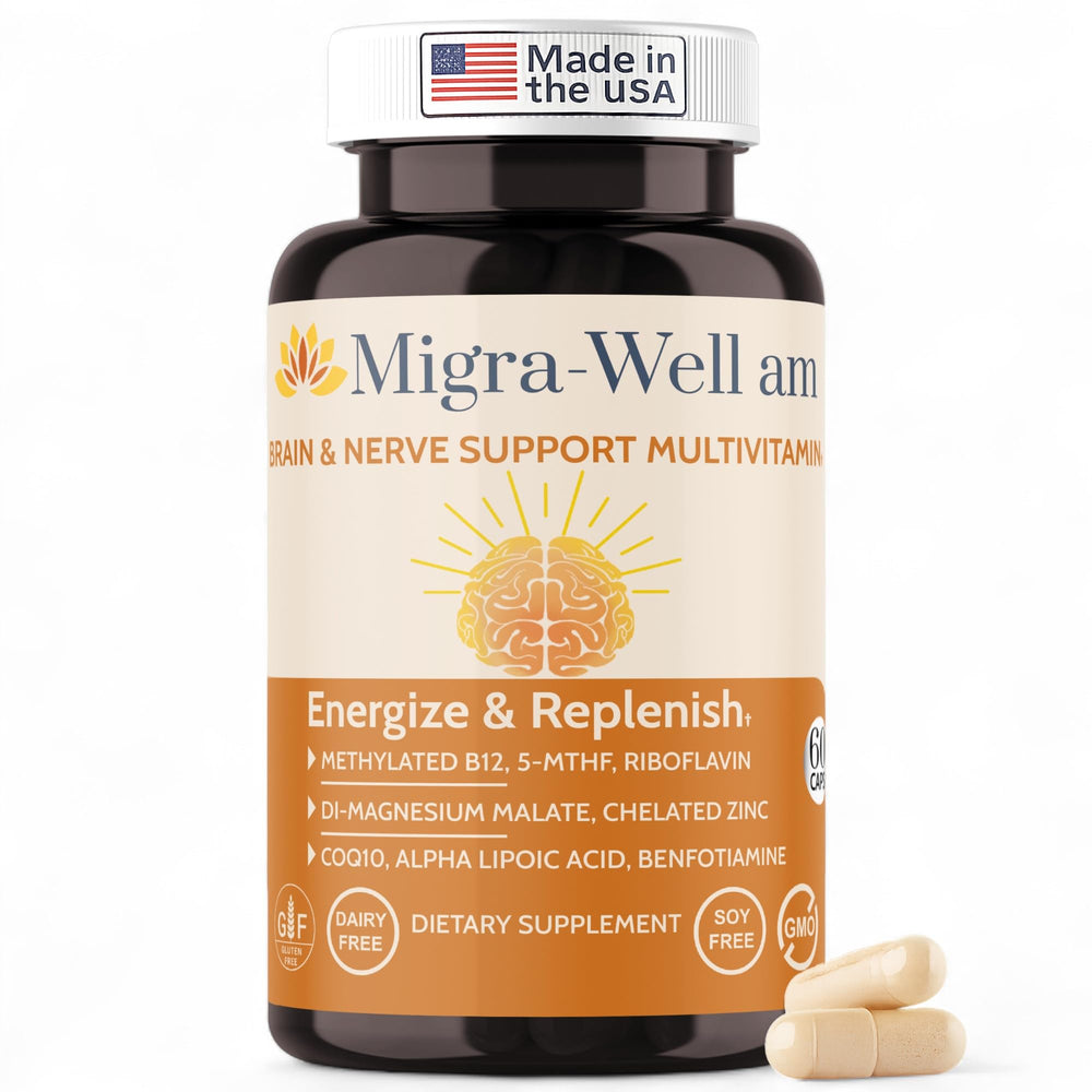 Wellkasa Migra-Well AM bottle for daily vitamin supplementation and balanced energy