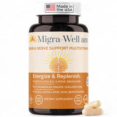 Wellkasa Migra-Well AM bottle for daily vitamin supplementation and balanced energy