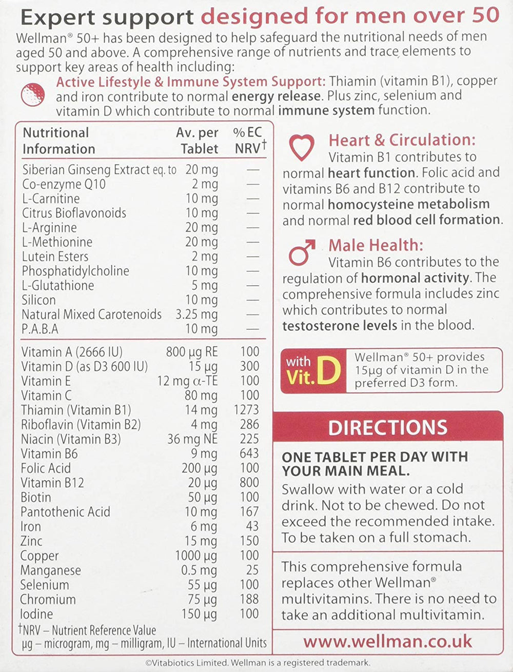 Wellman 50+ box front; packaging highlights gluten-free and vegetarian notes.
