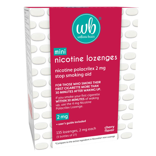 Wellness Basics mini nicotine lozenge cherry bottle closeup for portable craving relief