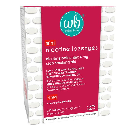 Wellness Basics mini nicotine lozenge cherry flavor foil pack for craving relief on the go.