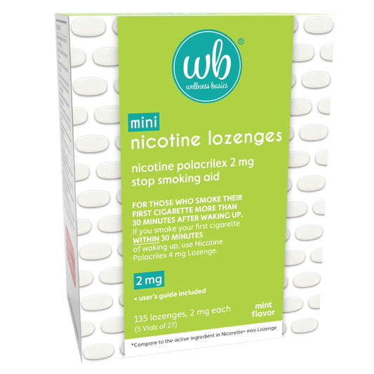 Wellness Basics Mini Nicotine Lozenge Mint packaging for quit support on the go.