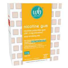 Wellness Basics nicotine gum 2mg box, convenient cravings relief packaging.
