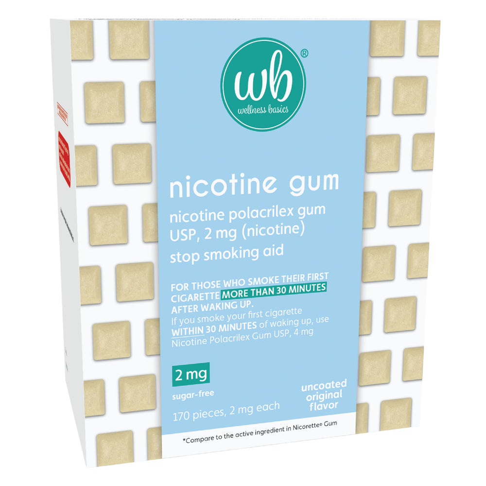Wellness Basics nicotine gum 2mg original flavor pack front view for quit support.