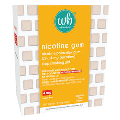 Wellness Basics nicotine gum 4mg fruit flavor packaging shows a 160-count bottle for quit support.