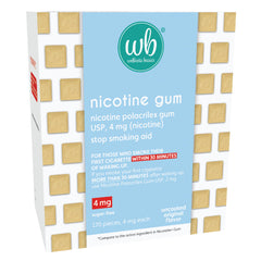 Wellness Basics uncoated nicotine gum 4mg original flavor packfront helps manage cravings on the go.
