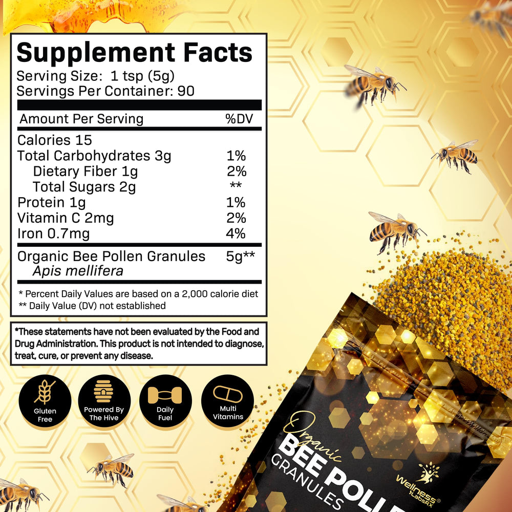 Wellness LabsRx Bee Pollen Granules dry texture in bag highlights organic quality.