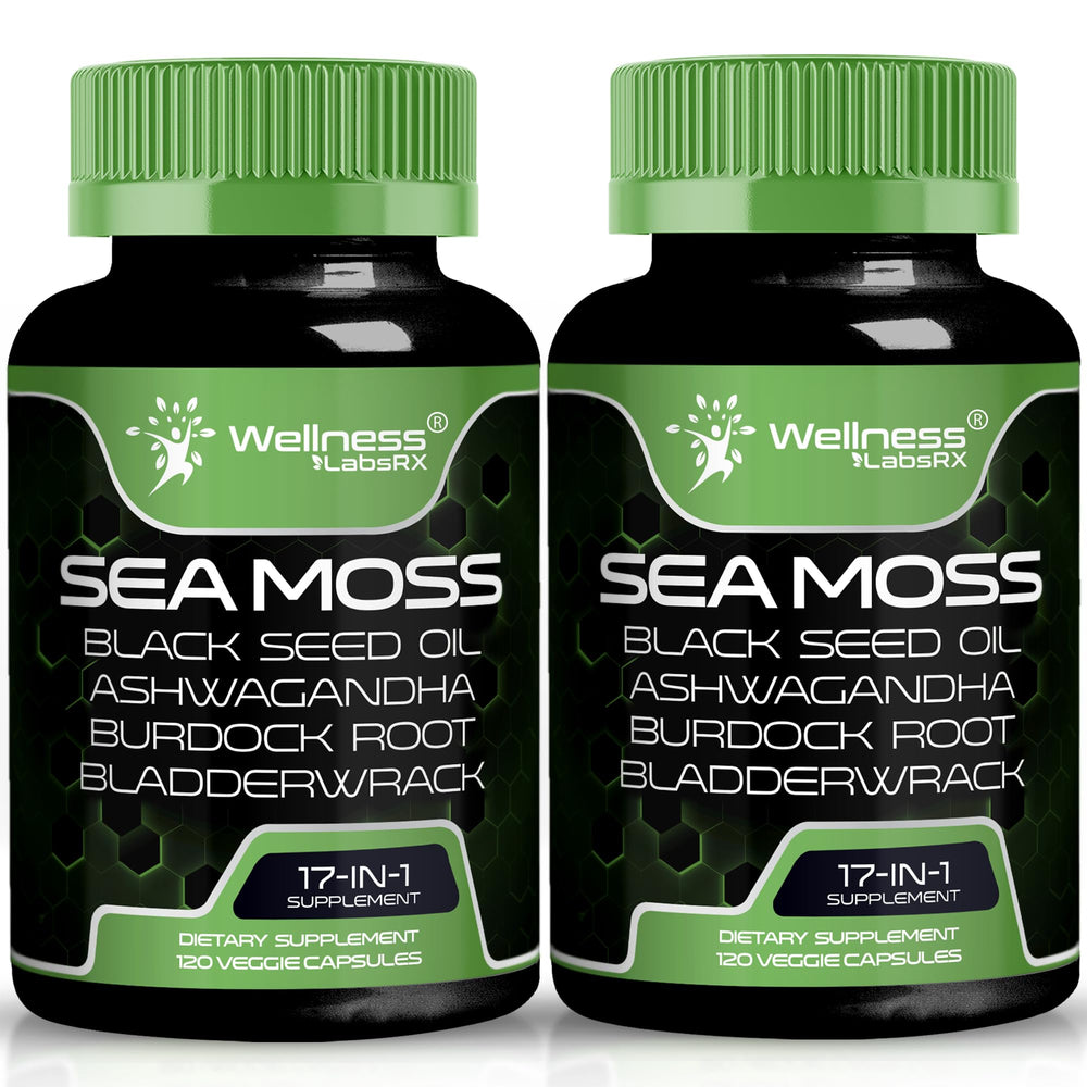 WELLNESS LABSRX Irish Sea Moss Capsules bottle with 17-in-1 blend for immune and gut support.
