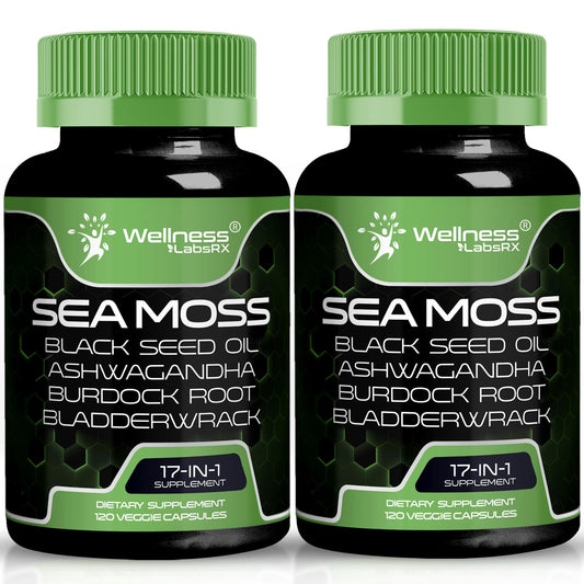 WELLNESS LABSRX Irish Sea Moss Capsules bottle with 17-in-1 blend for immune and gut support.