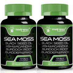WELLNESS LABSRX Irish Sea Moss Capsules bottle with 17-in-1 blend for immune and gut support.